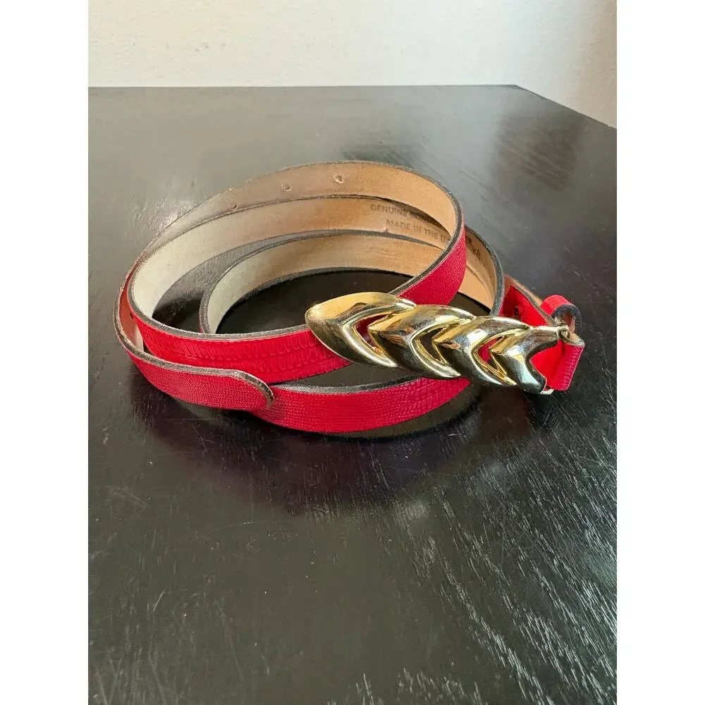 American Vintage- Thin Bright Red Leather Belt- Golden Metal Clasp- XL- 41.5